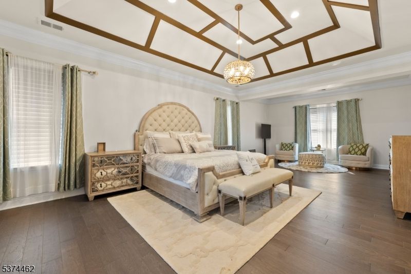 Bedroom, Interior, Pendant Lights, Recessed Lighting, Wood Texture Flooring