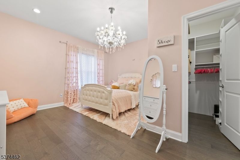 Bedroom, Chandelier, Interior, Recessed Lighting, Wood Texture Flooring