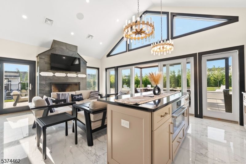 Chandelier, Fireplace, Interior, Kitchen, Living room, Marble, Pendant Lights, Recessed Lighting