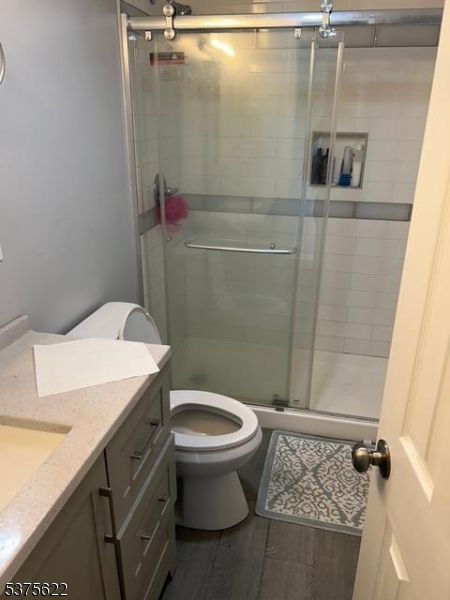 Bathroom, Glass Shower, Interior, Wood Texture Flooring