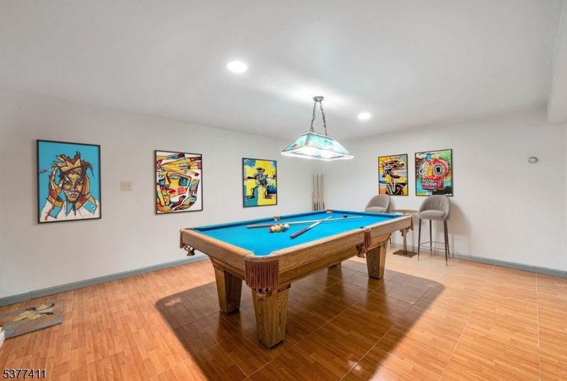 Billiard Table, Game Room, Interior, Pendant Lights, Recessed Lighting, Wood Texture Flooring