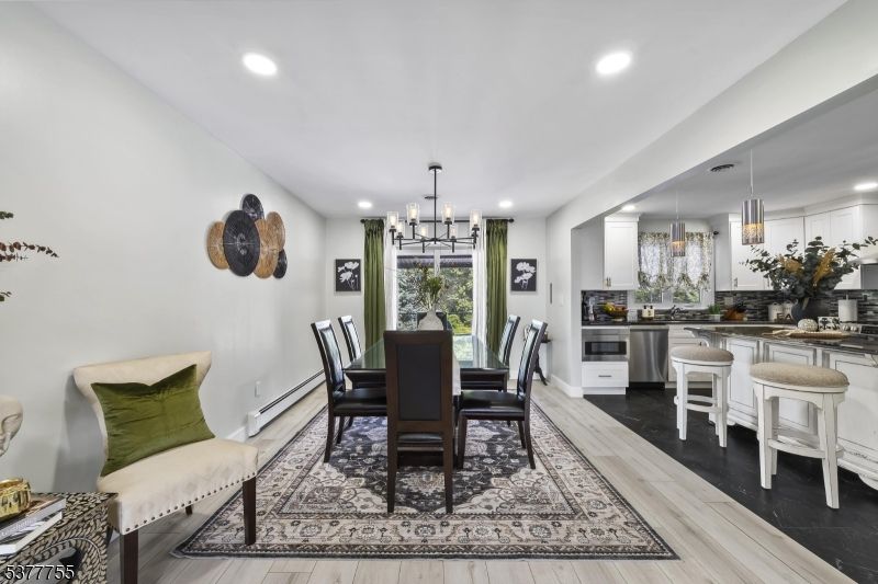 Dining room, Interior, Pendant Lights, Recessed Lighting, Wood Texture Flooring