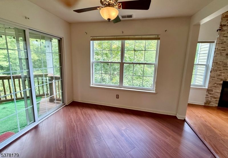 Empty room, Fireplace, Interior, Stone Walls, Wood Texture Flooring
