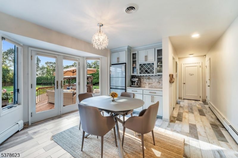 Chandelier, Dining room, Interior, Recessed Lighting, Wood Texture Flooring