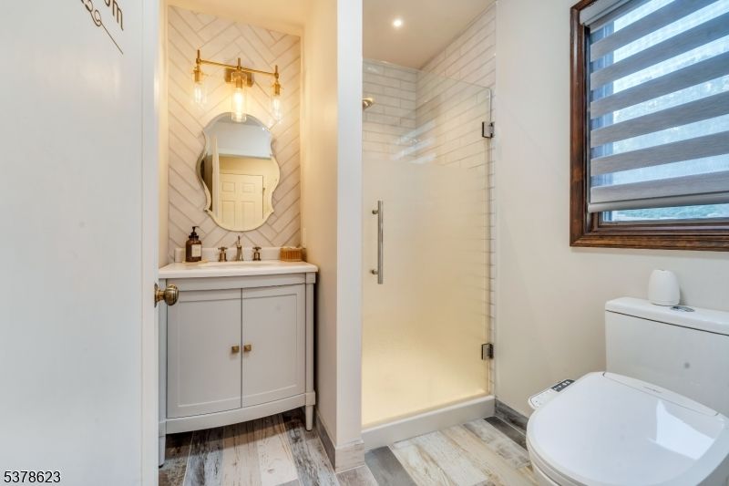 Bathroom, Glass Shower, Interior, Recessed Lighting, Wood Texture Flooring