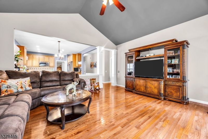 Chandelier, Interior, Kitchen, Living room, Stainless Steel Appliances, Wood Texture Flooring
