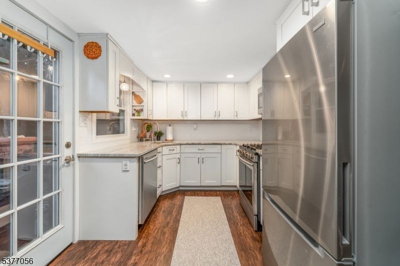 Interior, Kitchen, Recessed Lighting, Stainless Steel Appliances, Wood Texture Flooring