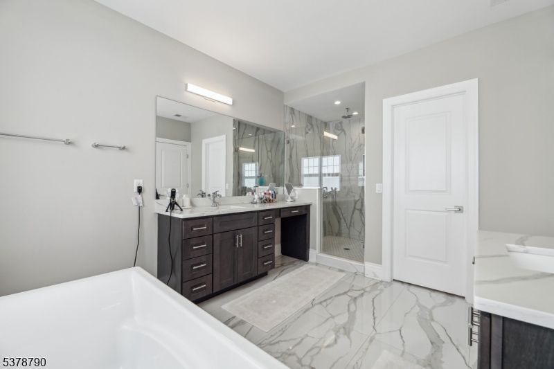 Bathroom, Dual Sink Vanities, Glass Shower, Interior, Marble, Marble Walls
