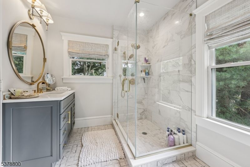 Bathroom, Glass Shower, Interior, Marble, Marble Walls, Recessed Lighting