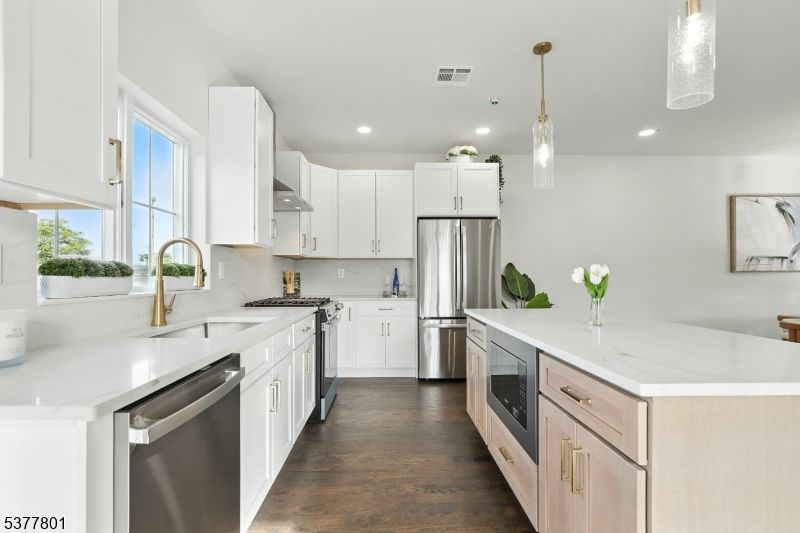 Interior, Kitchen, Pendant Lights, Recessed Lighting, Stainless Steel Appliances, Wood Texture Flooring