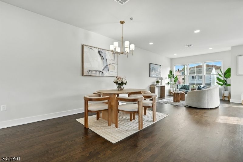 Chandelier, Dining room, Interior, Living room, Recessed Lighting, Wood Texture Flooring