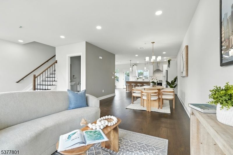 Dining room, Interior, Kitchen, Living room, Pendant Lights, Recessed Lighting, Wood Texture Flooring