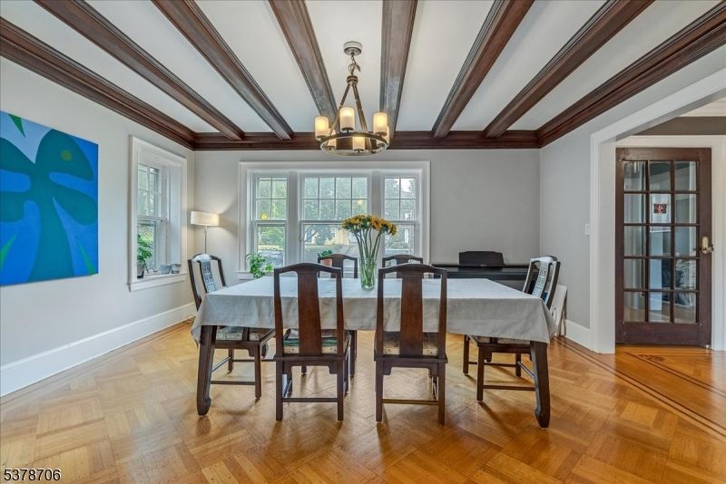 Chandelier, Dining room, Interior, Wooden Beams, Wood Texture Flooring