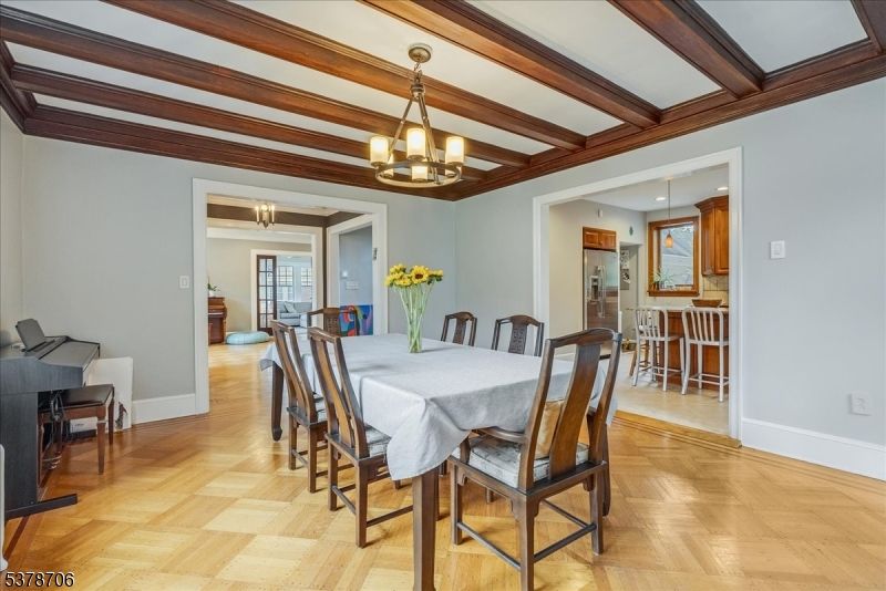 Chandelier, Dining room, Interior, Pendant Lights, Piano, Wooden Beams, Wood Texture Flooring