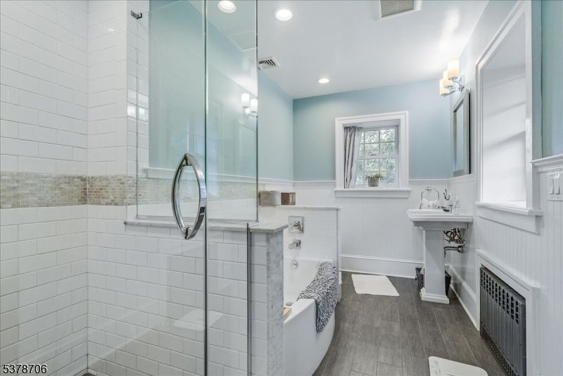 Bathroom, Glass Shower, Interior, Recessed Lighting, Wood Texture Flooring