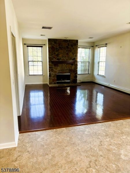 Empty room, Fireplace, Interior, Stone Walls, Wood Texture Flooring