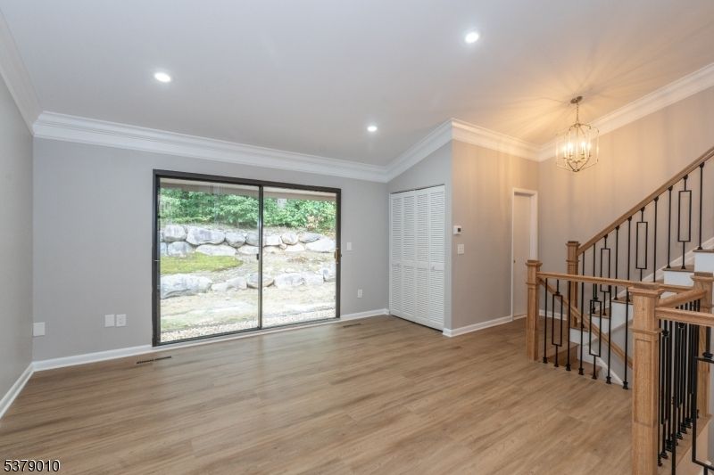 Chandelier, Empty room, Interior, Recessed Lighting, Wood Texture Flooring