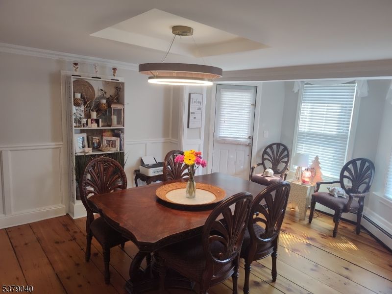 Dining room, Interior, Pendant Lights, Wood Texture Flooring