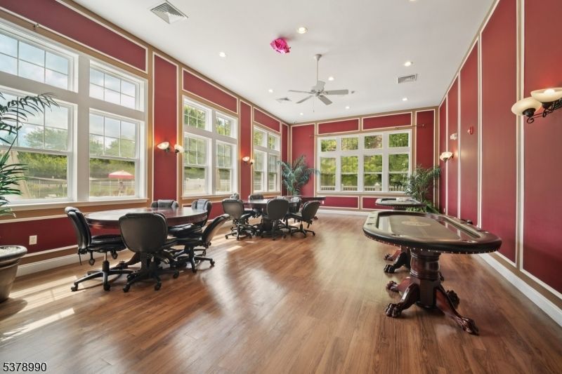 Dining room, Game Room, Interior, Recessed Lighting, Wood Texture Flooring