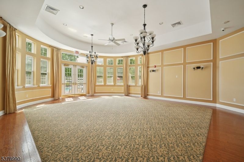 Chandelier, Empty room, Interior, Pendant Lights, Recessed Lighting, Wood Texture Flooring