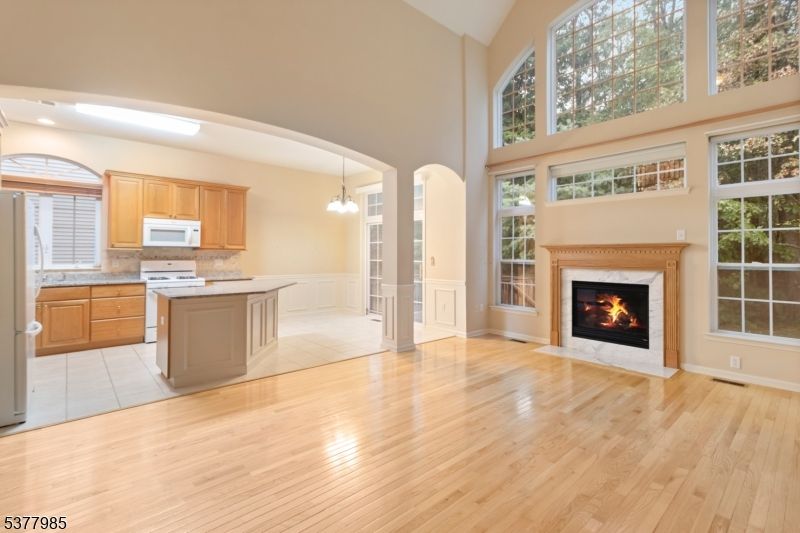 Fireplace, Interior, Kitchen, Pendant Lights, Wood Texture Flooring