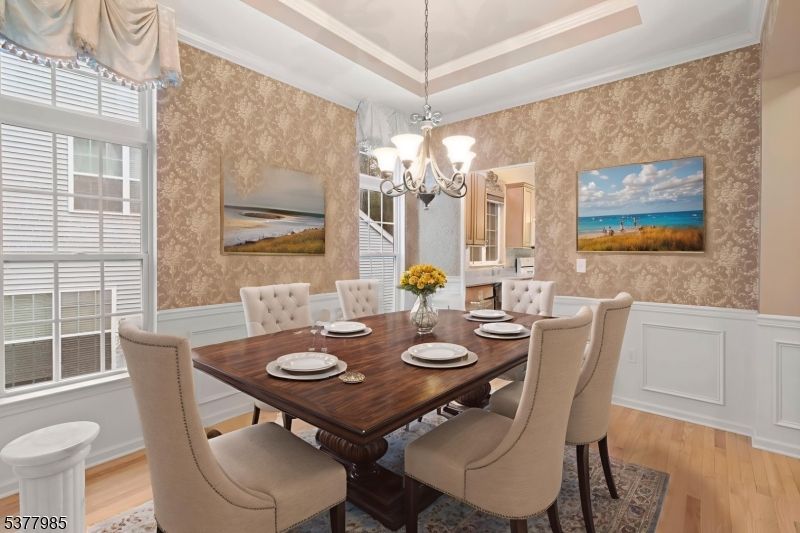 Chandelier, Dining room, Interior, Wood Texture Flooring