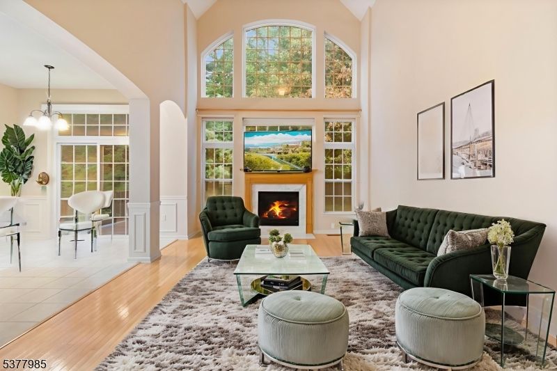 Fireplace, Interior, Living room, Pendant Lights, Wood Texture Flooring
