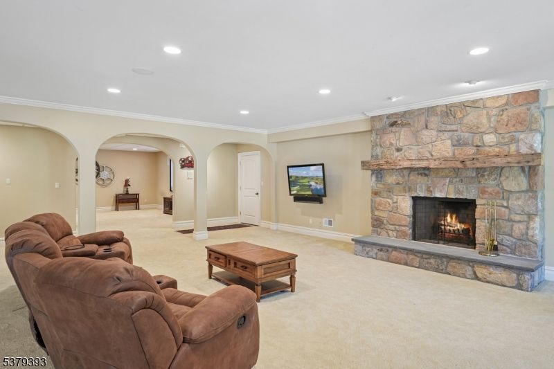 Fireplace, Interior, Living room, Recessed Lighting, Stone Walls