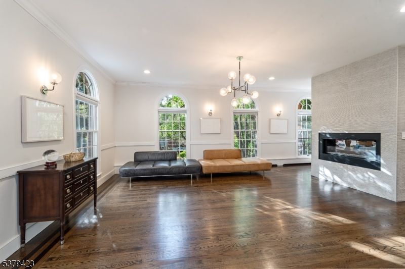Fireplace, Interior, Pendant Lights, Recessed Lighting, Wood Texture Flooring