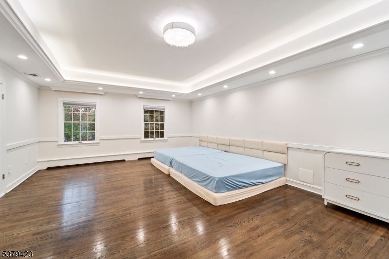Bedroom, Chandelier, Interior, Recessed Lighting, Wood Texture Flooring