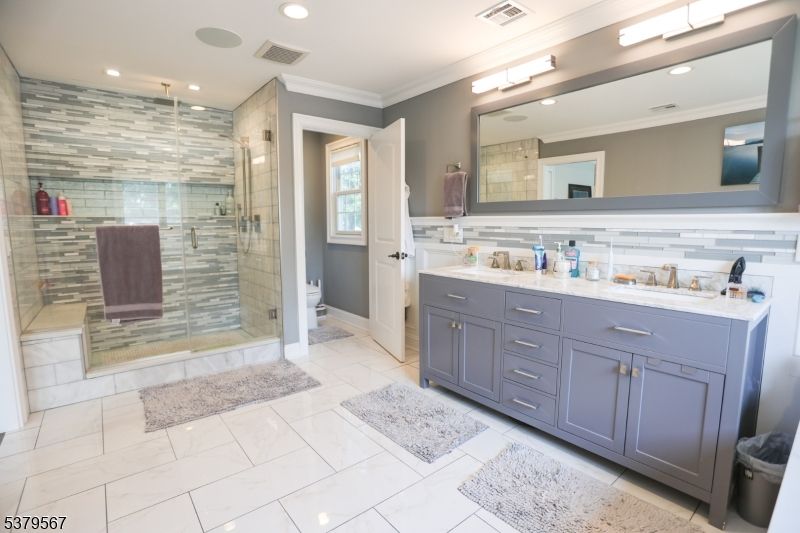 Bathroom, Dual Sink Vanities, Glass Shower, Interior, Recessed Lighting