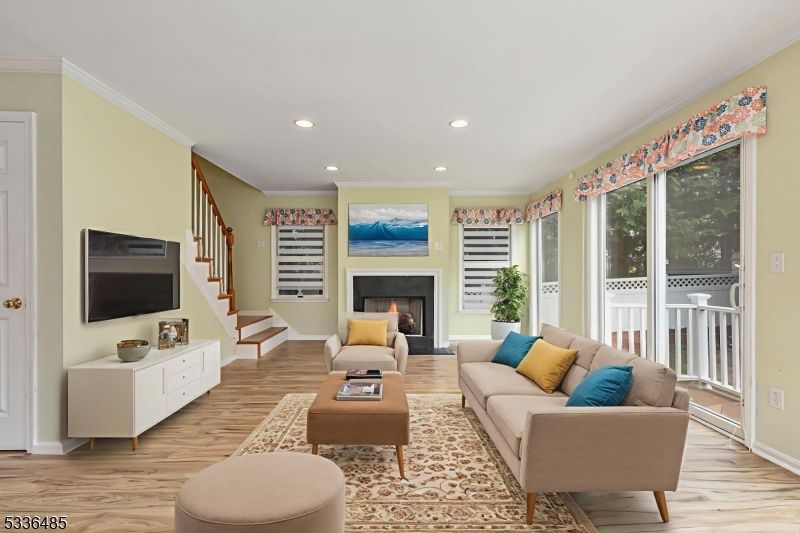 Fireplace, Interior, Living room, Recessed Lighting, Wood Texture Flooring