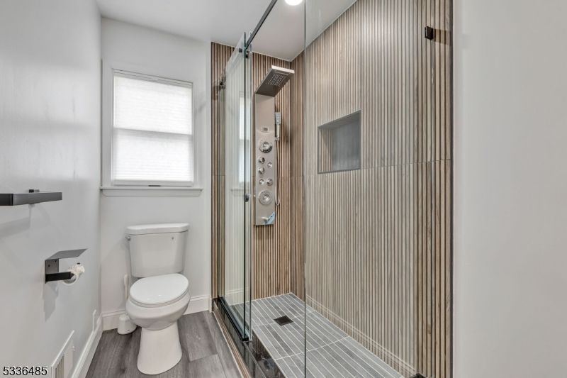 Bathroom, Glass Shower, Interior, Recessed Lighting, Wood Texture Flooring