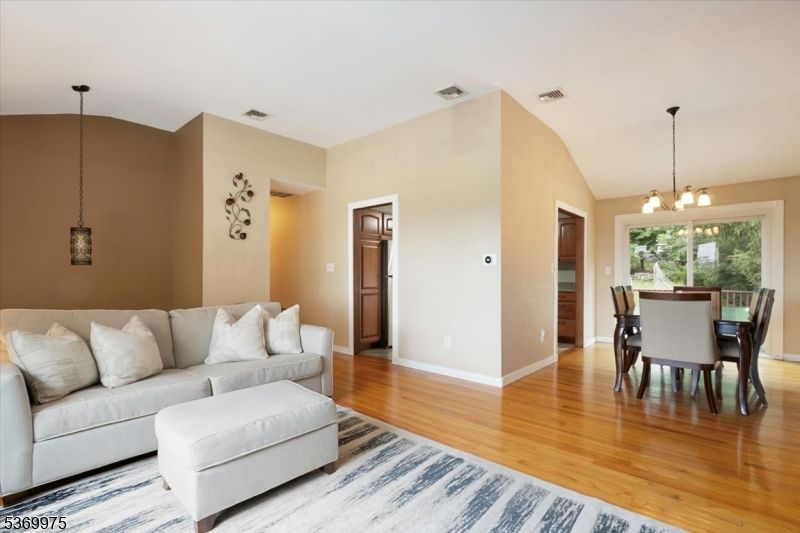 Dining room, Interior, Living room, Pendant Lights, Wood Texture Flooring