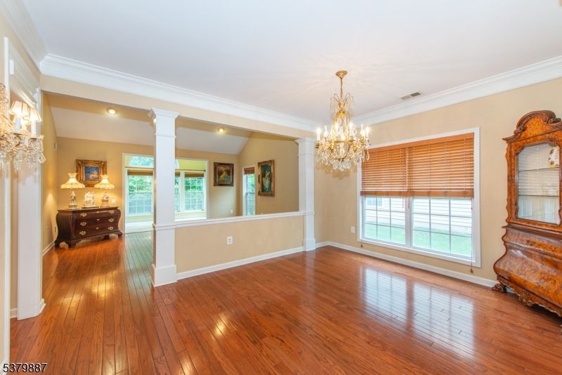 Chandelier, Empty room, Interior, Recessed Lighting, Wood Texture Flooring