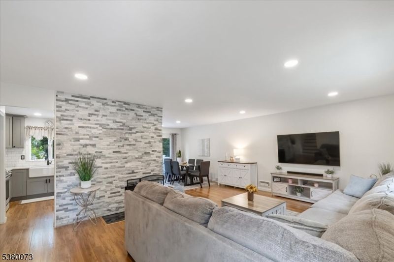 Dining room, Interior, Kitchen, Living room, Recessed Lighting, Stone Walls, Wood Texture Flooring