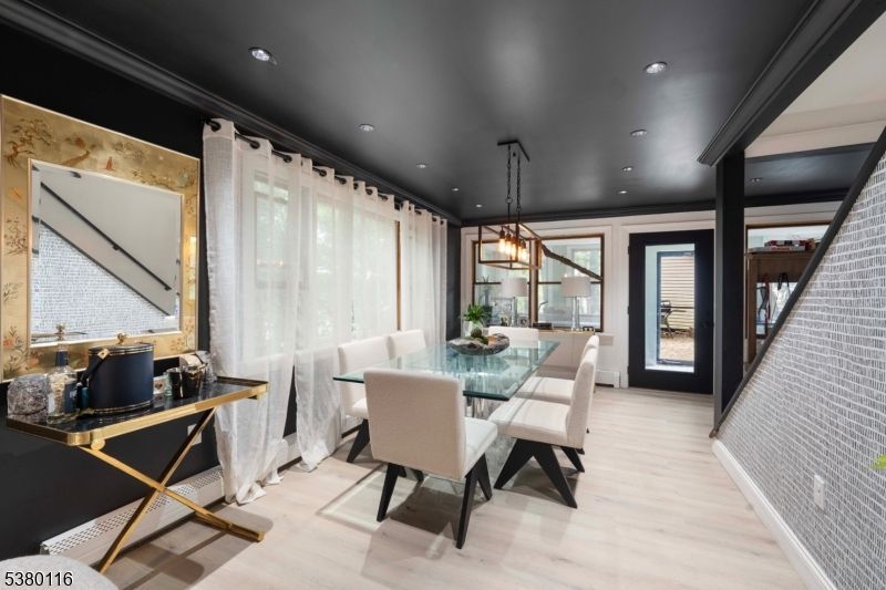 Dining room, Interior, Pendant Lights, Recessed Lighting, Wood Texture Flooring