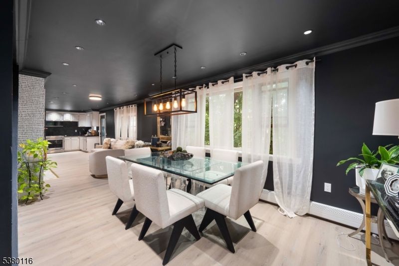 Dining room, Interior, Living room, Pendant Lights, Recessed Lighting, Wood Texture Flooring