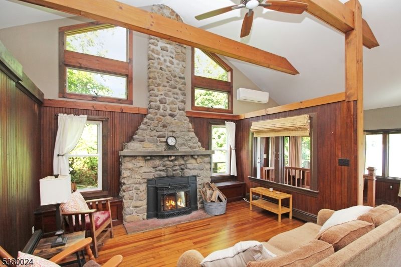 Fireplace, Interior, Living room, Stone Walls, Wooden Beams, Wood Texture Flooring, Wooden Walls