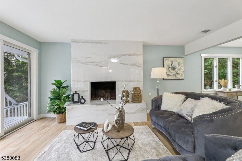 Fireplace, Interior, Living room, Marble Walls, Wood Texture Flooring