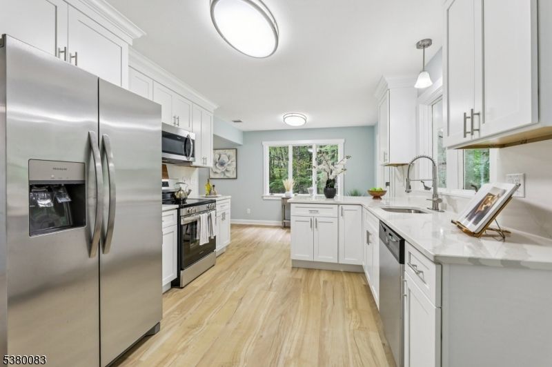 Interior, Kitchen, Pendant Lights, Stainless Steel Appliances, Wood Texture Flooring