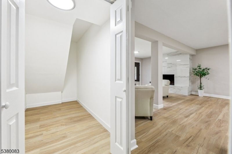 Interior, Marble Walls, Recessed Lighting, Wood Texture Flooring