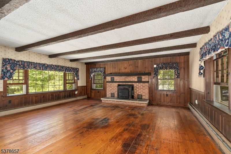 Empty room, Fireplace, Interior, Wooden Beams, Wood Texture Flooring, Wooden Walls