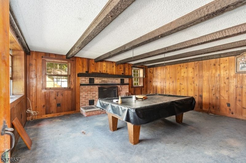 Billiard Table, Fireplace, Game Room, Interior, Stone Walls, Wooden Walls