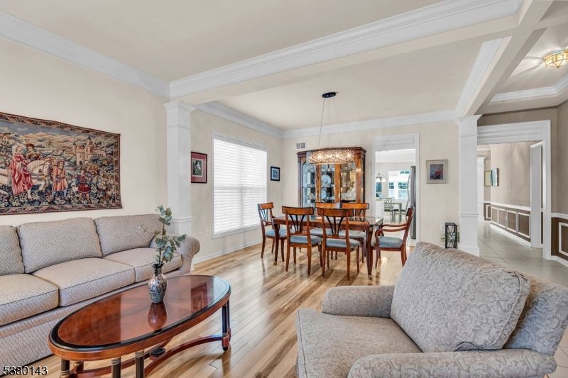 Dining room, Interior, Living room, Pendant Lights, Wood Texture Flooring