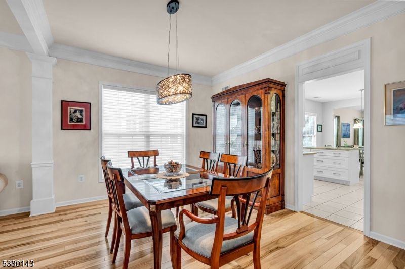 Dining room, Interior, Pendant Lights, Wood Texture Flooring