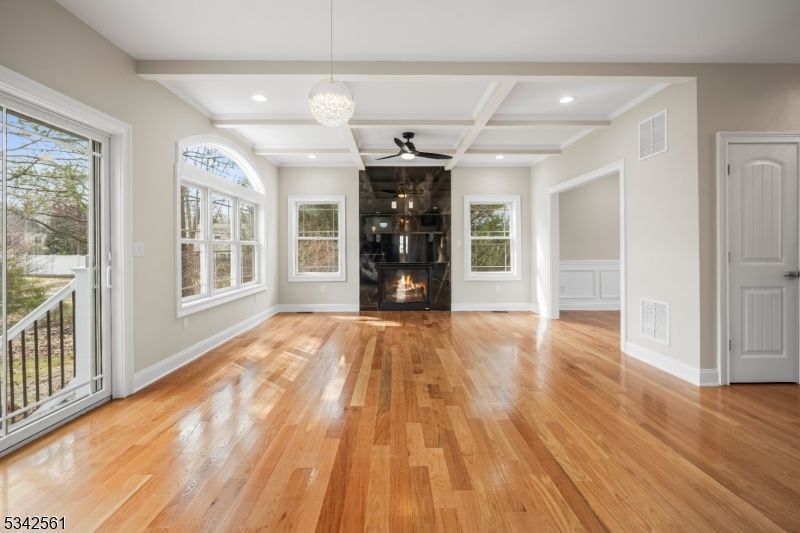 Empty room, Fireplace, Interior, Recessed Lighting, Wood Texture Flooring