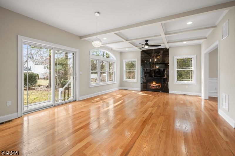 Empty room, Fireplace, Interior, Pendant Lights, Recessed Lighting, Wood Texture Flooring