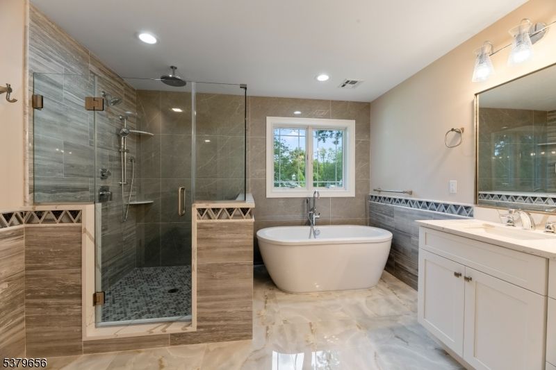 Bathroom, Dual Sink Vanities, Free Standing Baths, Glass Shower, Interior, Marble, Recessed Lighting