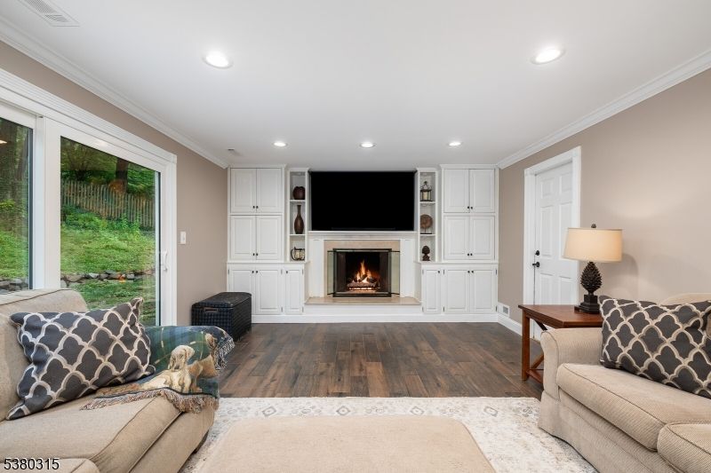 Fireplace, Interior, Living room, Recessed Lighting, Wood Texture Flooring
